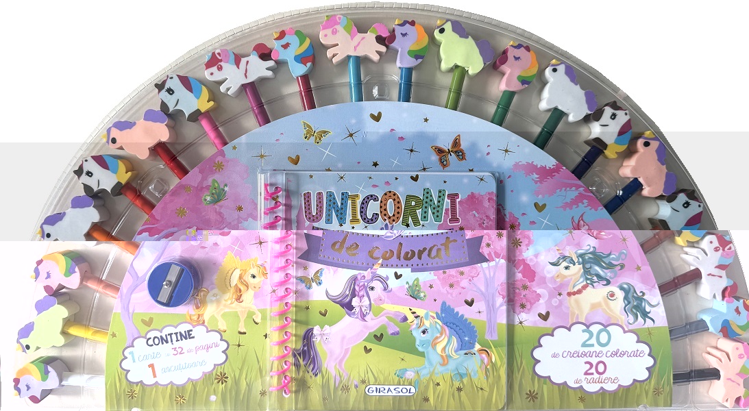 Unicorni. Carte de colorat cu 20 de creioane